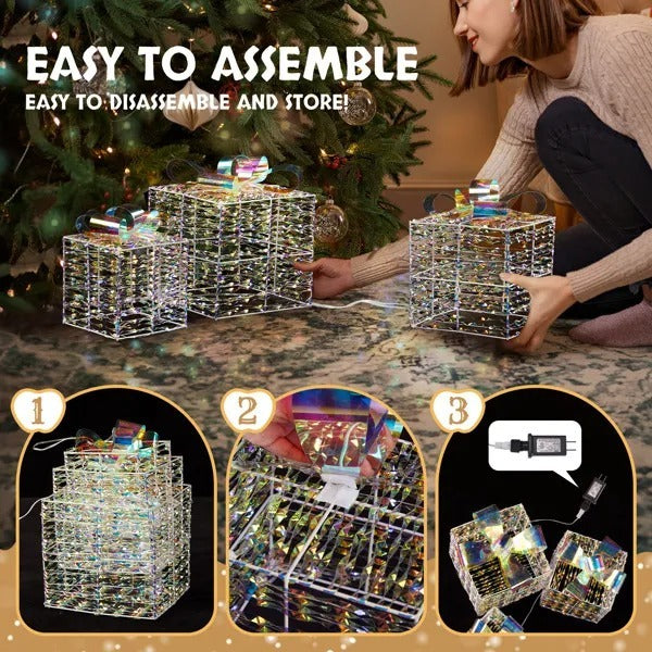 Lighted Iridescent Gift Boxes Set Of 3, Pre-lit Nestable Present Boxes Ornament With 140 LED Warm White Lights And Stakes For Christmas Outdoor Indoor Decor Lighted Holiday Displays